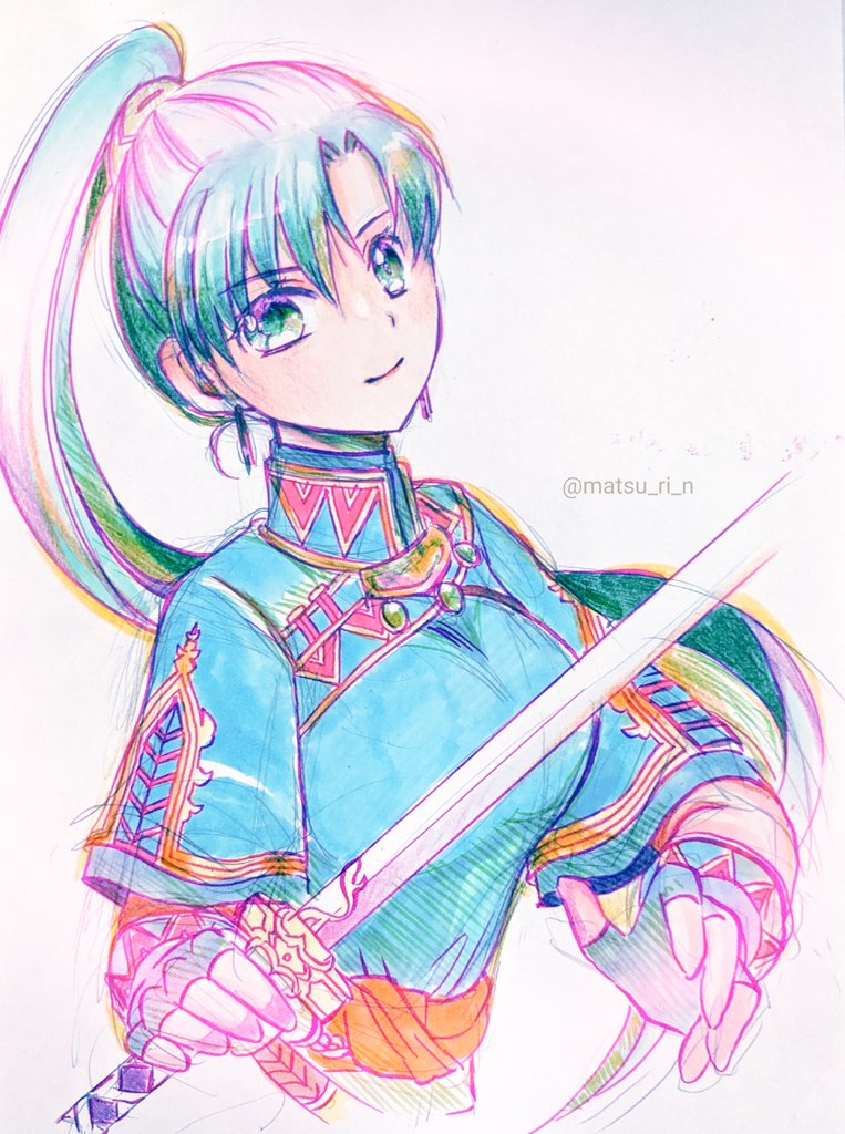 chika 1, lyn (fire emblem), fire emblem, fire emblem: the blazing blade, nintendo, 1girl, blue dress, breasts, closed mouth, dress, earrings, fingerless gloves, gloves, green eyes, green hair, high ponytail, holding, holding sword, holding weapon, jewelry, long hair, looking at viewer, medium breasts, ponytail, simple background, smile, solo, sword, upper body, very long hair, weapon