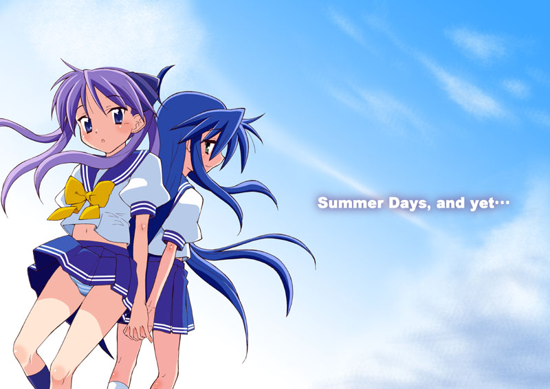 blackheart, hiiragi kagami, izumi konata, lucky star, 00s, holding hands, midriff, navel, panties, pantyshot, school uniform, serafuku, striped clothes, striped panties, underwear