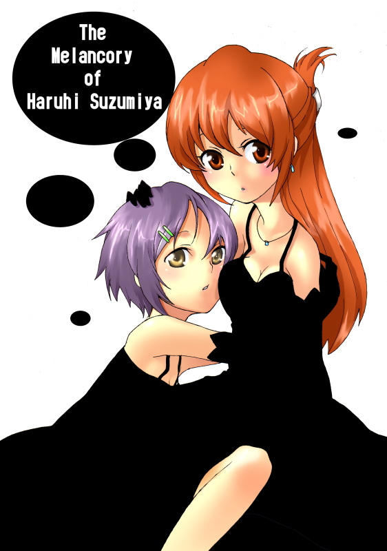 mitsuki meia, asahina mikuru, nagato yuki, suzumiya haruhi no yuuutsu, 00s, dress, elbow gloves, english text, engrish text, gloves, hair ornament, hairclip, ranguage