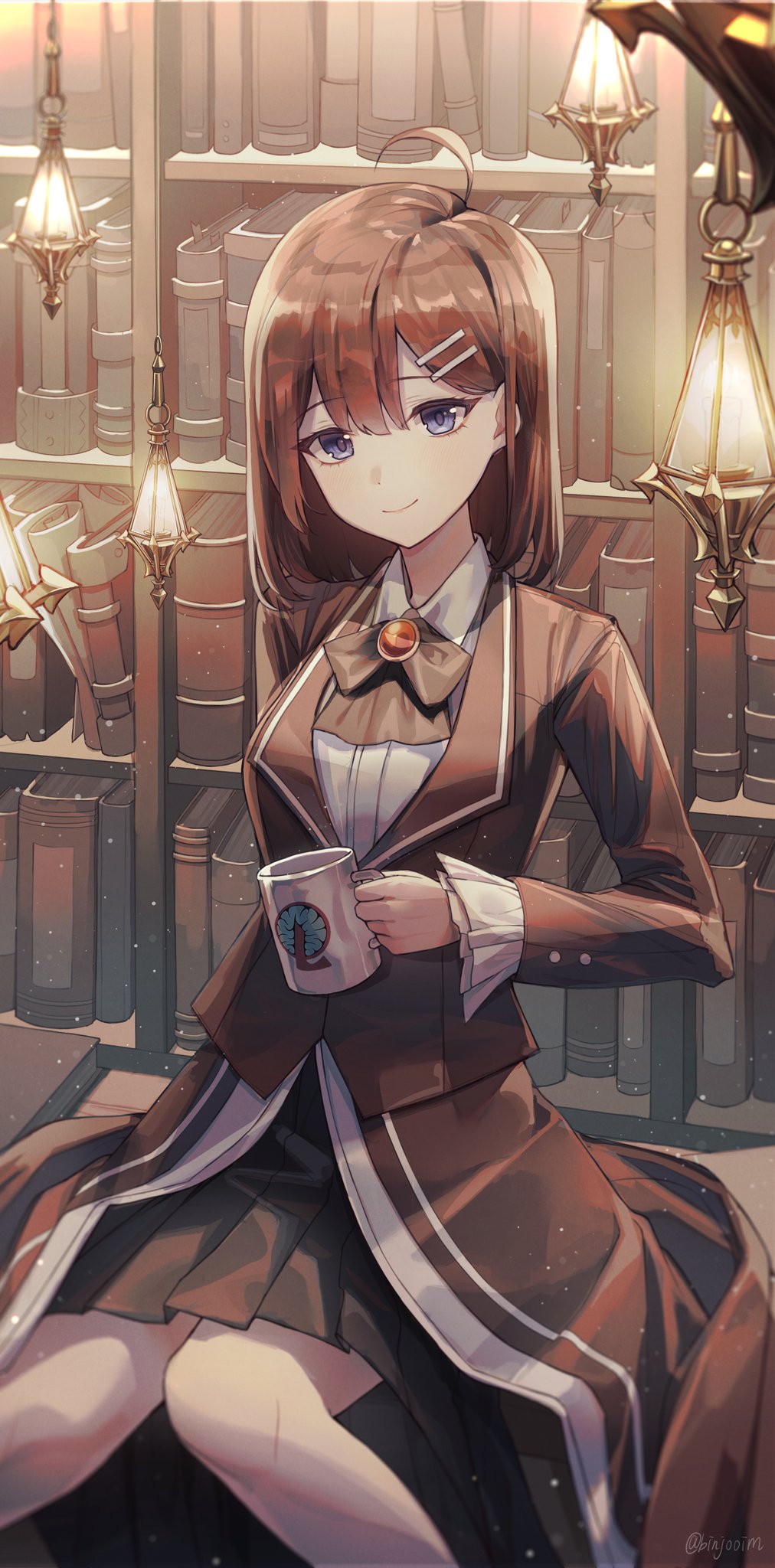 hod (project moon), library of ruina, project moon, highres, 1girl, ahoge, binjooim, black skirt, blue eyes, book, bookshelf, bow, bowtie, brown bow, brown bowtie, brown coat, brown hair, brown jacket, buttons, center-flap bangs, closed mouth, coat, coffee mug, collared shirt, cup, dot nose, double-parted bangs, feet out of frame, frilled sleeves, frills, hair ornament, hairclip, hanging light, holding, holding cup, jacket, lapels, light particles, lobotomy corporation logo, long sleeves, looking at viewer, mug, orange brooch, pleated skirt, scroll, shirt, short hair, sitting, skirt, smile, solo, twitter username, white shirt, wing collar
