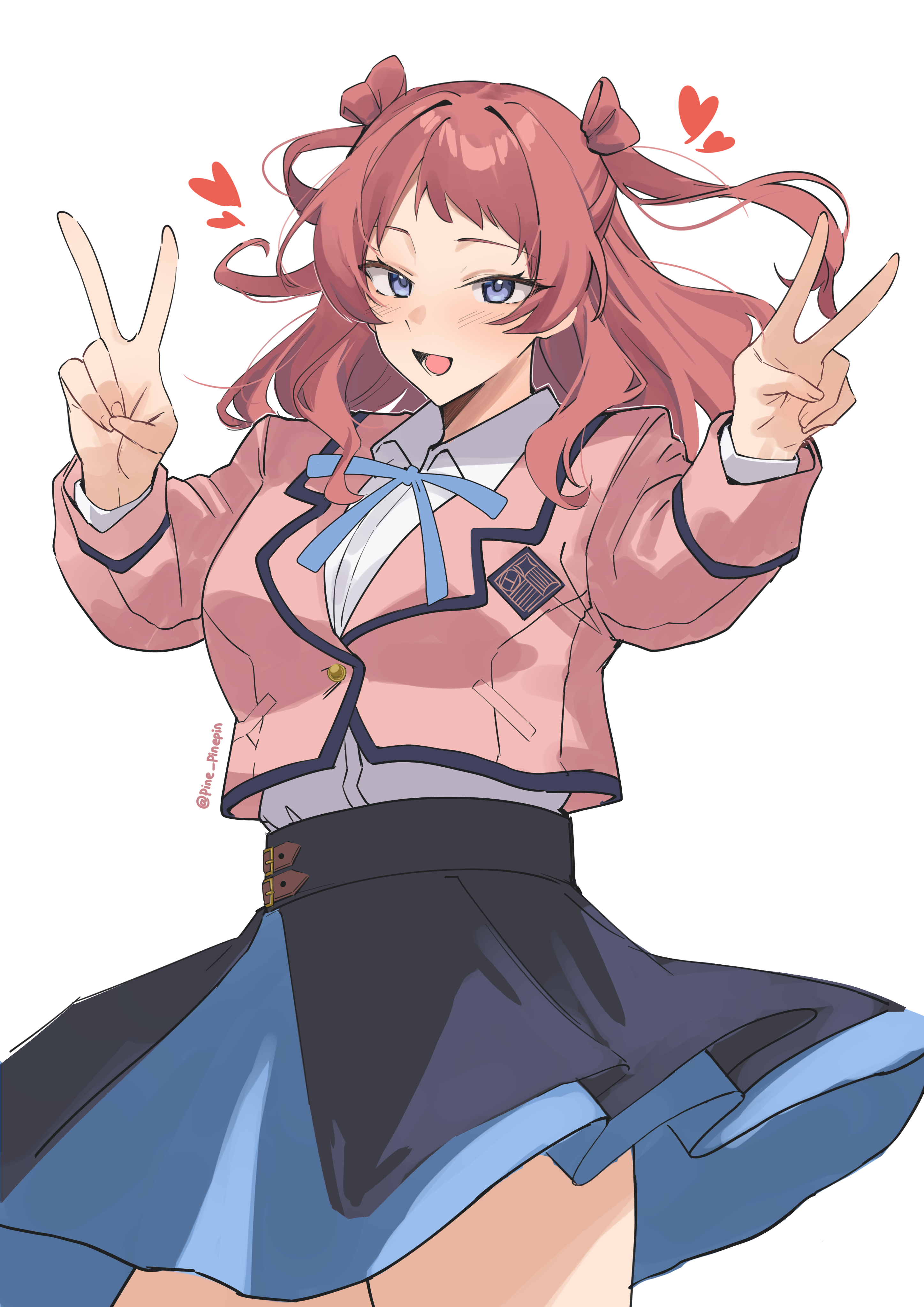 pinepin, hanami saki, gakuen idolmaster, idolmaster, absurdres, commentary, highres, symbol-only commentary, 1girl, black skirt, blue eyes, blue ribbon, blue skirt, double bun, double v, hair bun, hatsuboshi gakuen school uniform, jacket, long hair, looking at viewer, open mouth, pink jacket, red hair, ribbon, school uniform, simple background, skirt, solo, thighs, two-tone skirt, v, white background