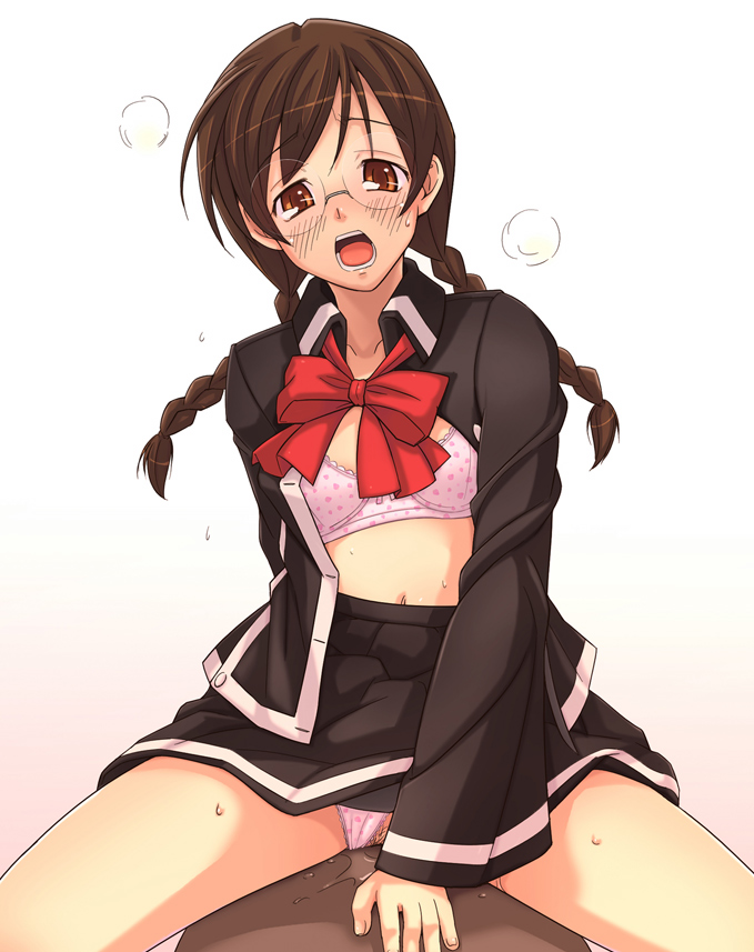 e20, clala, quiz magic academy, 1girl, bra, braid, clothed sex, clothing aside, female pubic hair, glasses, lingerie, open clothes, open shirt, panties, panties aside, pubic hair, pussy juice, school uniform, sex, shirt, solo focus, twin braids, uncensored, underwear, vaginal