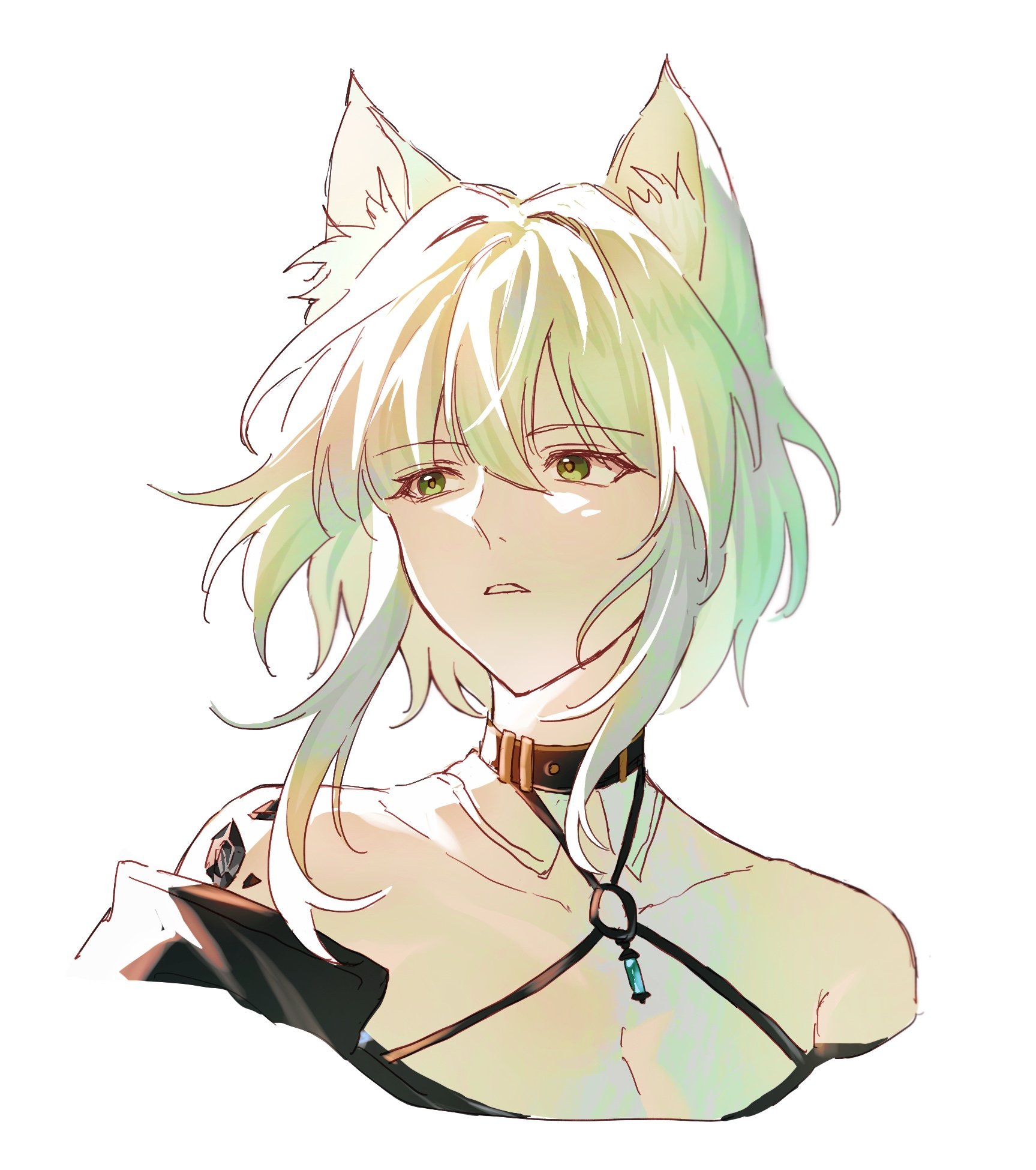 amo20839453, kal'tsit (arknights), arknights, chinese commentary, commentary request, highres, 1girl, animal ear fluff, animal ears, bare shoulders, cropped shoulders, green eyes, green hair, hair between eyes, halterneck, looking to the side, material growth, o-ring, off shoulder, oripathy lesion (arknights), parted lips, short hair, simple background, solo, white background, white hair