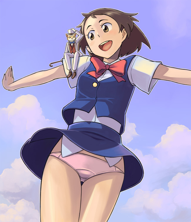 bowieknife, the baron (mimi wo sumaseba), yoshioka haru, neko no ongaeshi, studio ghibli, 00s, :d, bow, brown eyes, brown hair, cat, furry, furry female, lowleg, lowleg panties, open mouth, panties, school uniform, serafuku, short hair, size difference, smile, thigh gap, thighs, underwear, vest, white panties, wind, wind lift