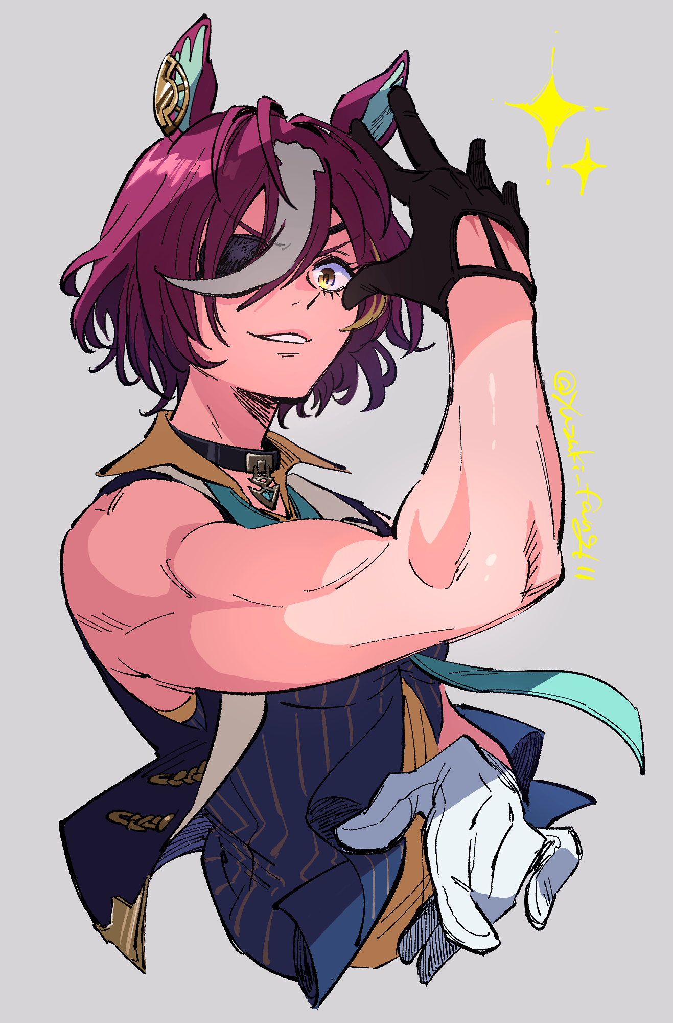 yuzuki v, tanino gimlet (umamusume), umamusume, highres, 1girl, animal ears, arm up, asymmetrical gloves, bare arms, bare shoulders, black gloves, blue necktie, blue shirt, blue vest, brown eyes, cropped torso, eyepatch, gloves, grey background, grey hair, hair over one eye, horse ears, looking at viewer, mismatched gloves, multicolored hair, muscular, muscular female, necktie, open clothes, open vest, purple hair, shirt, short hair, simple background, sleeveless, sleeveless shirt, smile, solo, sparkle, twitter username, two-tone hair, upper body, v-shaped eyebrows, vest, white gloves