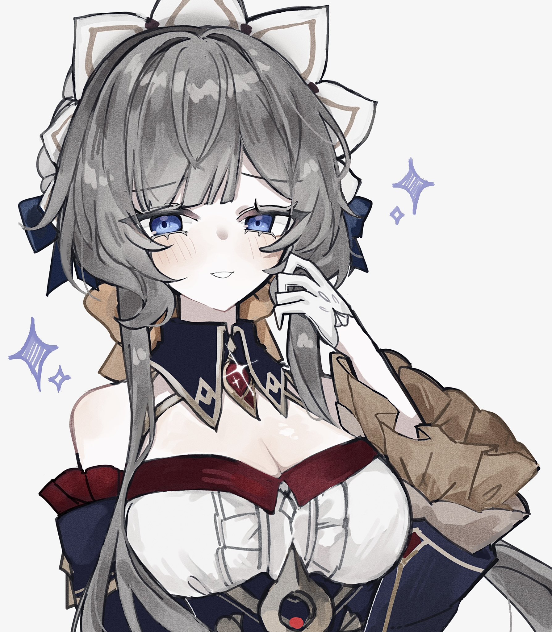 hyb muyuu, sandrone (genshin impact), genshin impact, highres, 1girl, bare shoulders, blue eyes, blush, breasts, brown hair, detached sleeves, gloves, long bangs, looking at viewer, maid headdress, medium breasts, parted lips, smile, solo, sparkle, white gloves