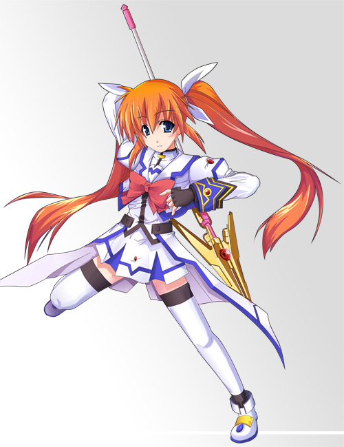 kajun, raising heart, raising heart (exelion mode), takamachi nanoha, takamachi nanoha (aggressor mode), lyrical nanoha, mahou shoujo lyrical nanoha, mahou shoujo lyrical nanoha strikers, 00s, 1girl, blue eyes, bow, bowtie, female focus, fingerless gloves, gem, gloves, holding, holding weapon, long sleeves, looking at viewer, magical girl, orange hair, polearm, purple eyes, red bow, red bowtie, red hair, solo, spear, thighhighs, twintails, waist cape, weapon, white thighhighs, zettai ryouiki