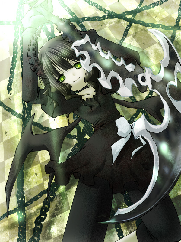 narimiya momone, dead master, black rock shooter, 1girl, black choker, black dress, black hair, black horns, black leggings, chain, choker, dress, green eyes, horns, leggings, medium hair, pale skin, scythe, skeletal wings, wings