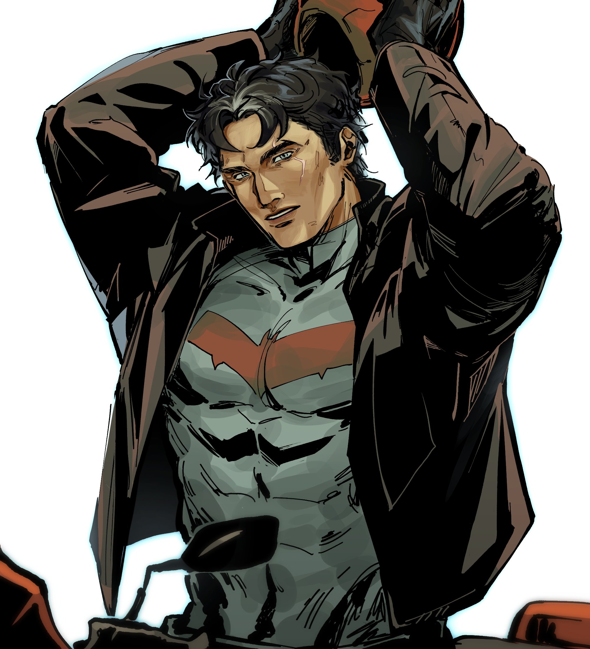 jason todd, red hood (dc), batman (series), dc comics, highres, 1boy, bat signal, batman symbol, black bodysuit, black gloves, black hair, blue eyes, bodysuit, brown jacket, fireemblazem, gloves, grey bodysuit, holding, jacket, male focus, mask, muscular, muscular male, open clothes, pants, red hood and the outlaws, red mask, short hair, superhero costume, taut bodysuit, two-tone bodysuit