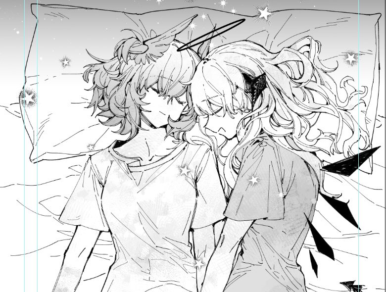 shenhai shenye, fiammetta (arknights), mostima (arknights), arknights, commentary request, 2girls, closed eyes, closed mouth, collarbone, demon horns, energy wings, feather hair, greyscale, hair between eyes, halo, head on pillow, horns, long hair, lying, medium hair, monochrome, multiple girls, on back, on bed, on side, open mouth, pillow, shirt, short sleeves, sidelocks, sleeping, t-shirt, traditional halo, upper body, yuri