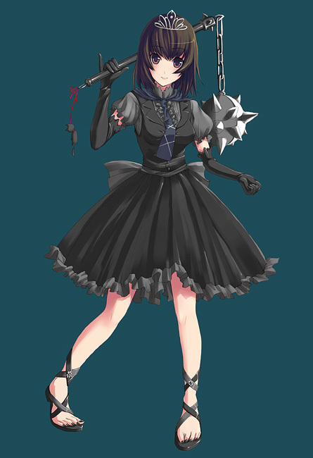 unasaka ryou, original, 1girl, ankle lace-up, black hair, black nails, black sandals, brown eyes, dress, elbow gloves, female focus, flail, frills, gloves, gothic lolita, legs, lolita fashion, mace, nail polish, pinky out, sandals, short hair, simple background, solo, tiara, toenail polish, toenails, weapon