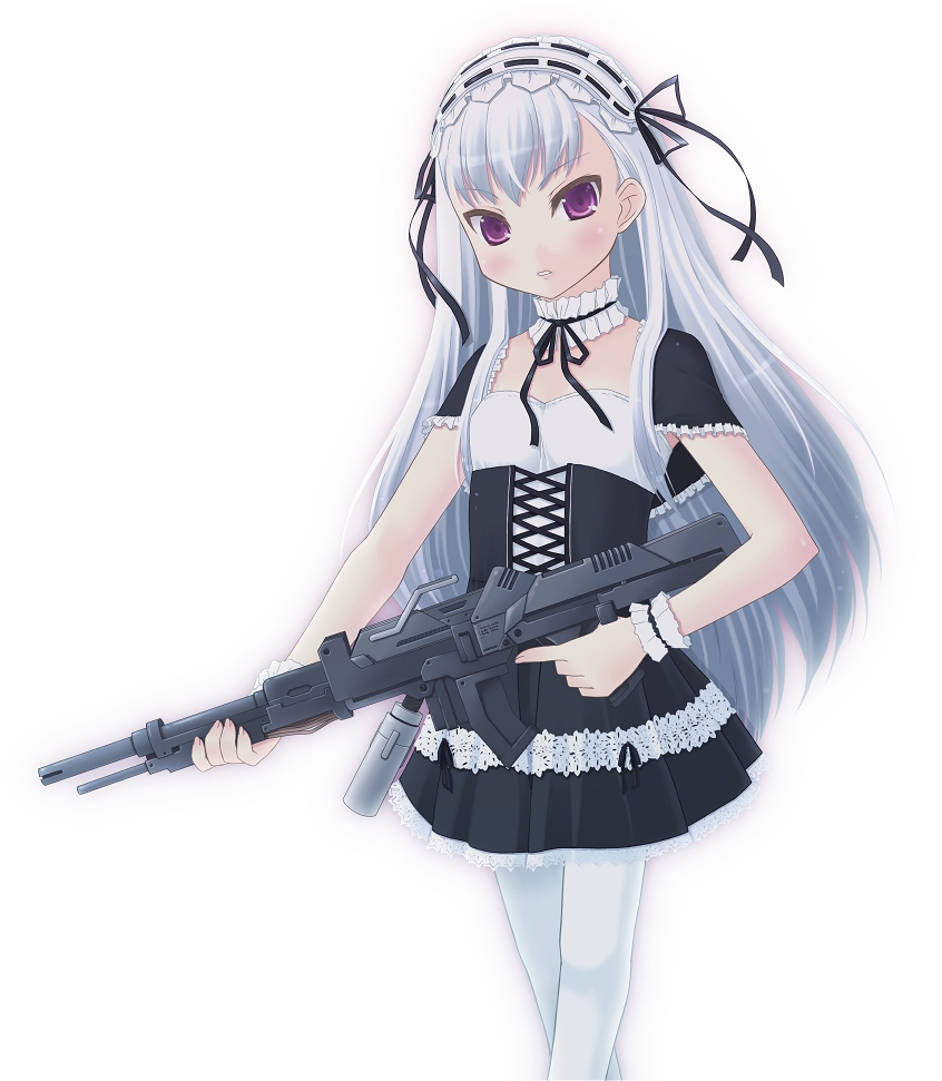 amamiya minato, original, silver hair, choker, gothic lolita, gun, hairband, lolita fashion, long hair, machine gun, pantyhose, purple eyes, rifle, solo, very long hair, weapon