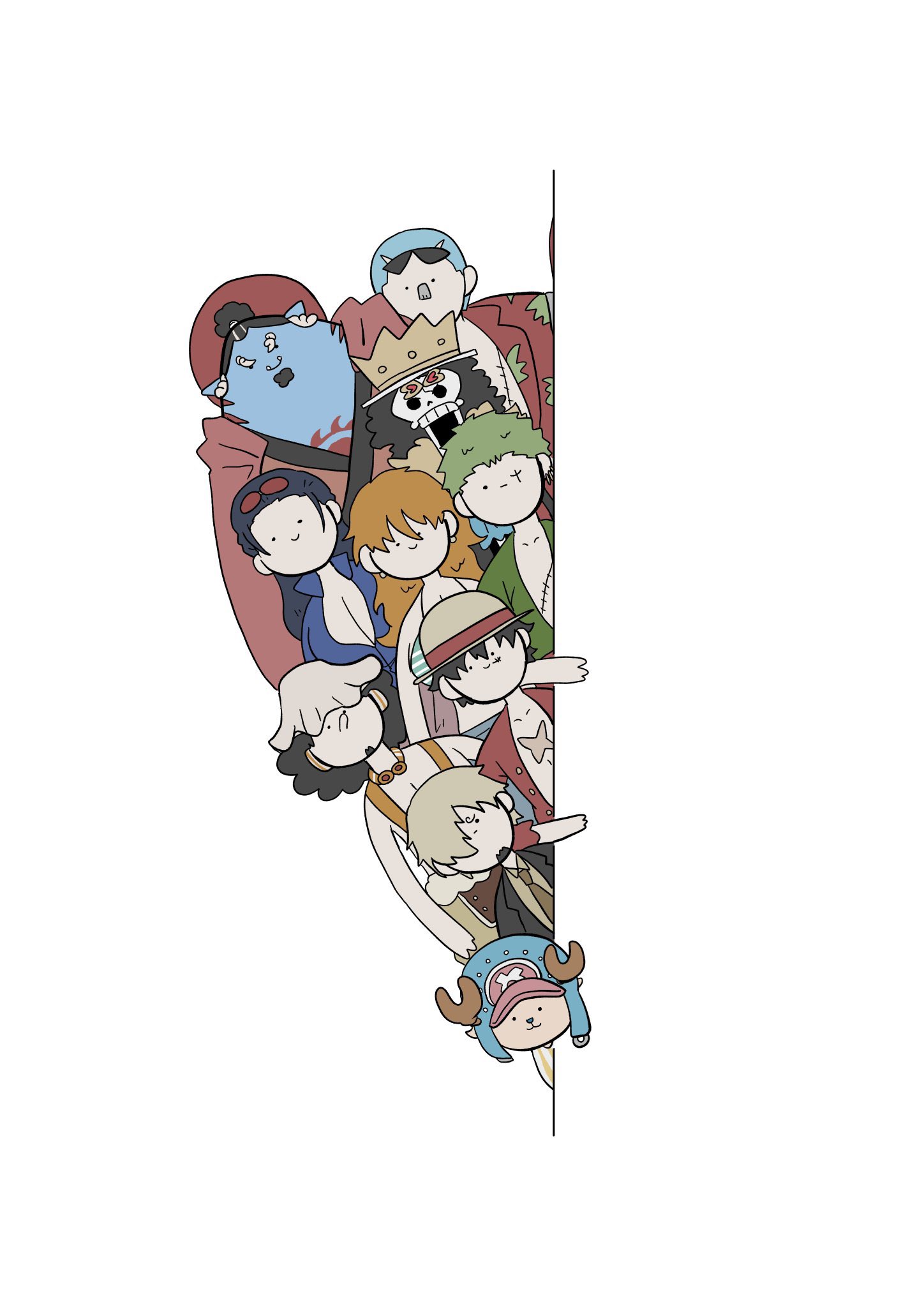 gokuya 59, brook (one piece), franky (one piece), jinbe (one piece), monkey d. luffy, nami (one piece), nico robin, roronoa zoro, sanji (one piece), tony tony chopper, usopp, one piece, bad id, bad twitter id, highres, 2girls, 6+boys, afro, antler ornament, black hair, blonde hair, blue hair, blue jacket, blue skin, colored skin, cross, crown, eyewear on head, facial hair, goatee, green hair, hair over one eye, hat, hood, jacket, long nose, multiple boys, multiple girls, orange hair, scar, scar on chest, skeleton, straw hat, straw hat pirates