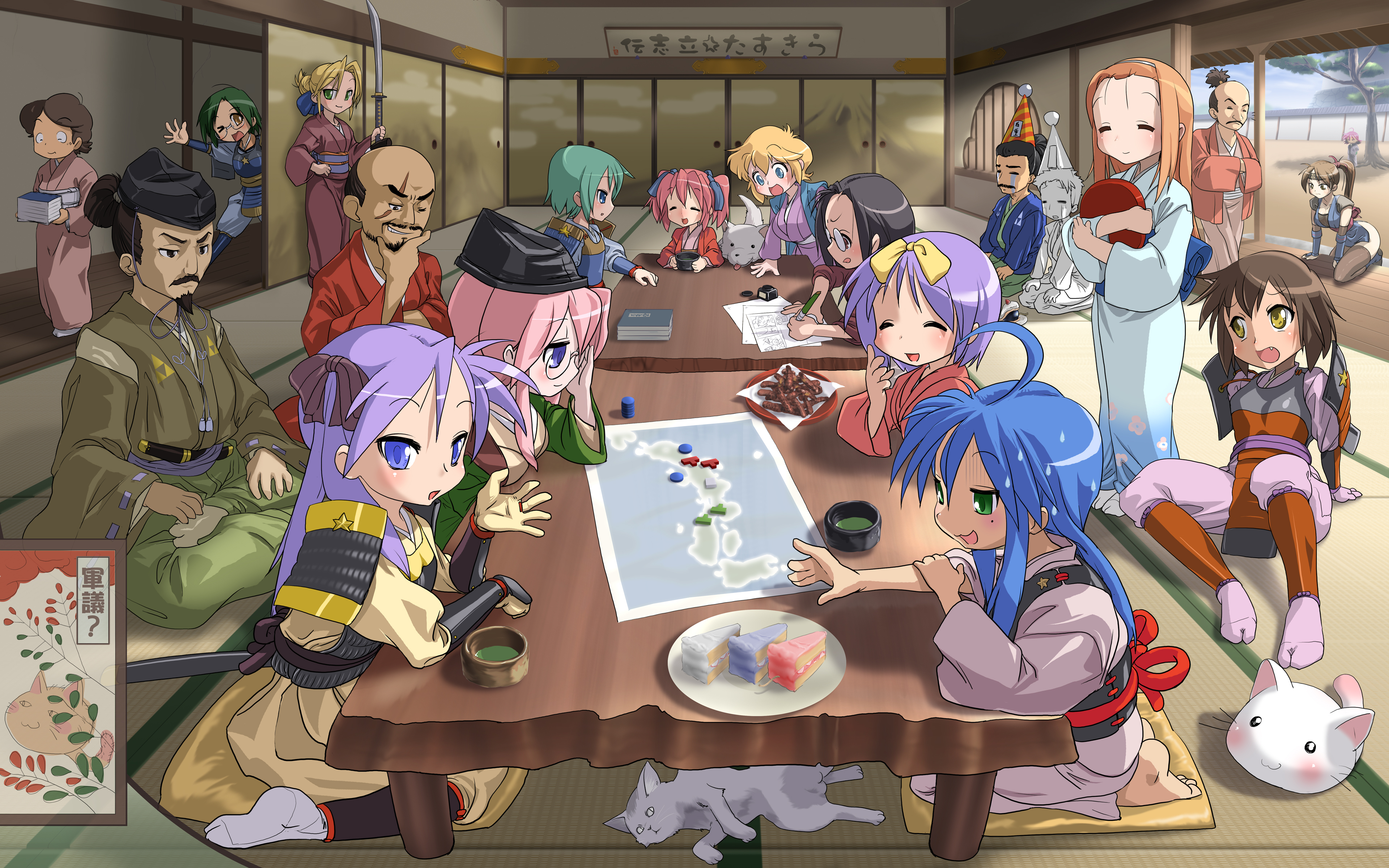 cosine, hiiragi kagami, hiiragi tsukasa, houjou ujimasa, houjou ujiyasu, iwasaki minami, izumi konata, kobayakawa yutaka, kogami akira, kuroi nanako, kusakabe misao, matsunaga hisahide, minegishi ayano, narumi yui, oota sukemasa, patricia martin, shiraishi minoru, takara miyuki, tamura hiyori, lucky star, taikou risshiden, extra, absurdres, bad id, bad pixiv id, highres, making-of available, 00s, 4boys, 6+girls, everyone, glasses, japanese clothes, kimono, long hair, map, mole, mole under eye, multiple boys, multiple girls, ninja, short hair, siblings, sisters, sitting, triforce, twins