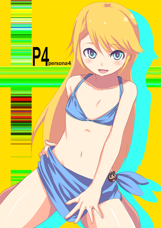 johnny funamushi, kuma (persona 4), atlus, persona, persona 4, 1boy, bikini, blonde hair, blue bikini, blue eyes, blush, copyright name, flat chest, long hair, looking at viewer, male focus, navel, open mouth, sarong, solo, swimsuit, trap
