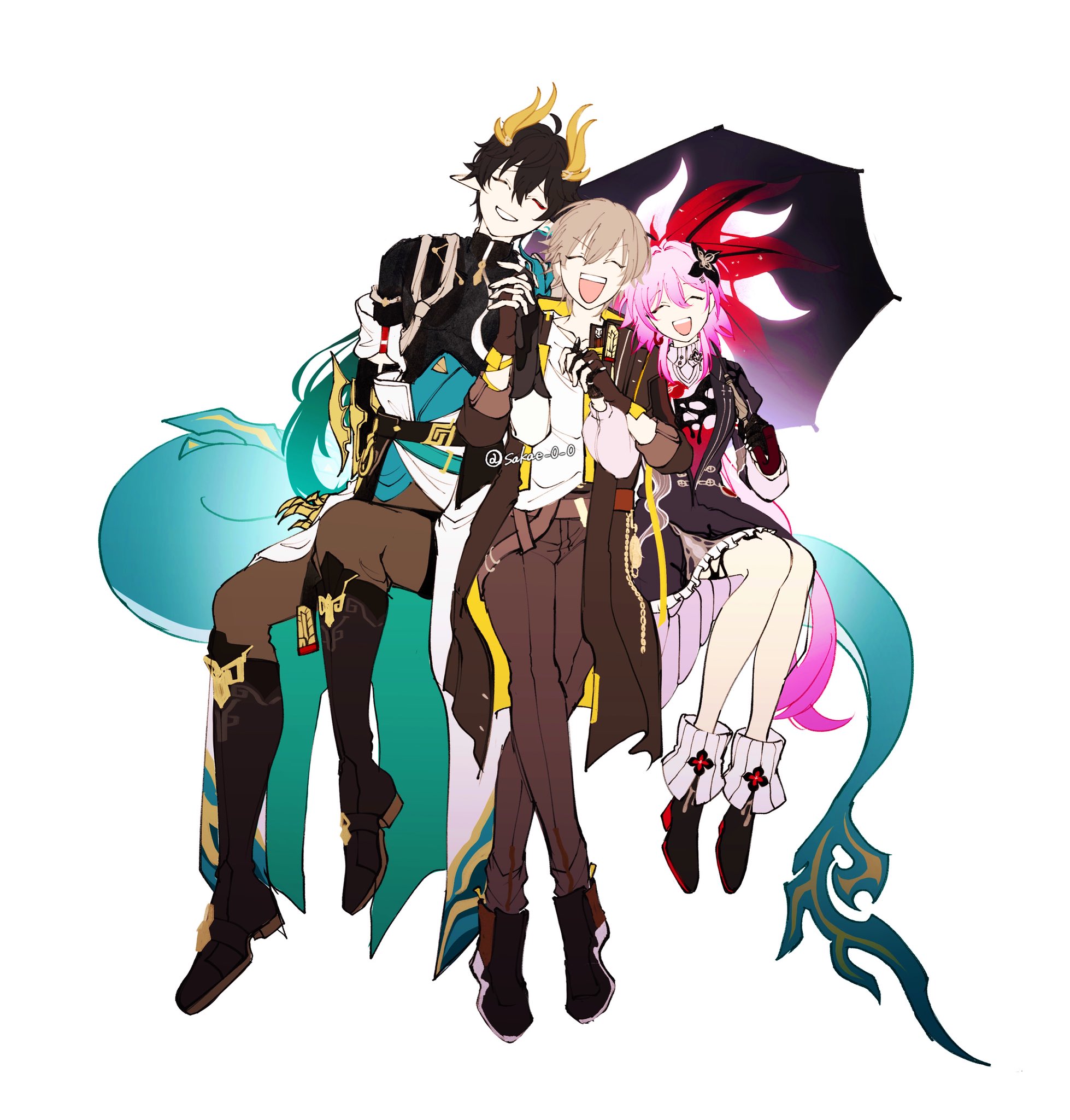 sakae 0 0, caelus (honkai: star rail), dan heng (honkai: star rail), dan heng (permansor terrae) (honkai: star rail), evernight (honkai: star rail), march 7th (honkai: star rail), trailblazer (honkai: star rail), honkai: star rail, honkai (series), commentary, highres, symbol-only commentary, 1girl, 2boys, aqua hair, artist name, black boots, black coat, black dress, black flower, black gloves, black hair, black pants, black shirt, black shoes, boots, brown pants, chain, chinese clothes, closed eyes, clothing cutout, coat, collarbone, collared dress, constellation print, crossed legs, dragon boy, dragon horns, dragon tail, dress, earclip, fingerless gloves, fingernails, flower, flower ornament, frills, full body, gloves, gold chain, gradient hair, grey hair, hair between eyes, hair flower, hair ornament, hairclip, hand up, hands up, happy, holding, holding hands, holding umbrella, hood, hooded coat, horns, long hair, long sleeves, low ponytail, low twintails, multicolored hair, multiple boys, official alternate costume, official alternate hairstyle, open clothes, open coat, open mouth, pants, pink hair, pocket watch, pointy ears, ponytail, red flower, shirt, shoes, short hair, simple background, sitting, smile, socks, t-shirt, tail, teeth, twintails, two-sided coat, two-sided fabric, two-tone dress, umbrella, watch, white background, white coat, white dress, white shirt, white socks, yellow coat