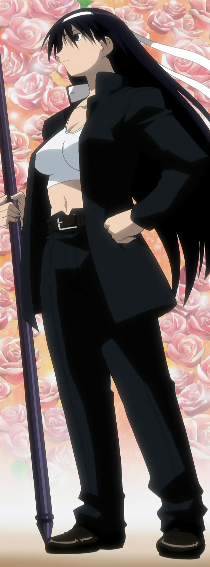 sakaki (azumanga daioh), azumanga daiou, anime screenshot, highres, stitched, third-party edit, 1girl, banchou, black eyes, black hair, breasts, delinquent, female focus, flower, gakuran, headband, jacket, large breasts, long hair, midriff, navel, open clothes, open jacket, ouendan, rose, school uniform, serafuku, solo, staff, very long hair