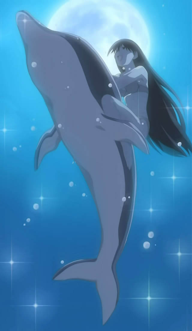 sakaki (azumanga daioh), azumanga daiou, anime screenshot, stitched, third-party edit, 1girl, bikini, blue theme, dolphin, female focus, long hair, monochrome, moon, solo, swimsuit