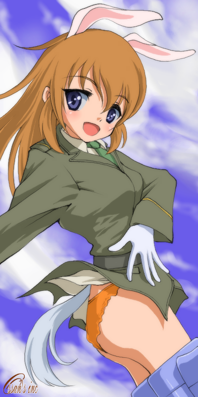 dr rex, charlotte e. yeager, strike witches, world witches series, 00s, 1girl, animal ears, brown hair, day, female focus, lace, lace-trimmed panties, lace trim, long hair, panties, purple eyes, rabbit ears, rabbit girl, rabbit tail, sky, solo, tail, underwear, yellow panties