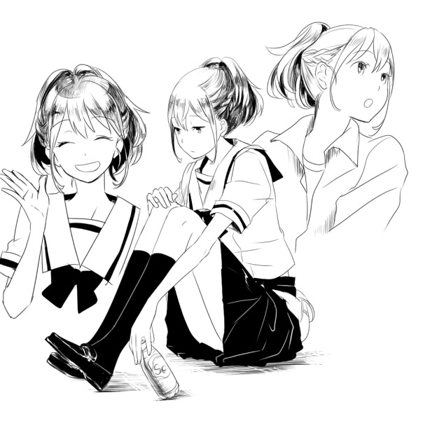 senomiya akiho, robotics;notes, science adventure, commentary request, 1girl, :d, ^ ^, chuo tanegashima high school uniform, closed eyes, greyscale, kneehighs, looking at viewer, monochrome, natsuda10, open mouth, pleated skirt, ponytail, sailor collar, school uniform, serafuku, shirt, shoes, short sleeves, simple background, sitting, skirt, smile, socks, white background