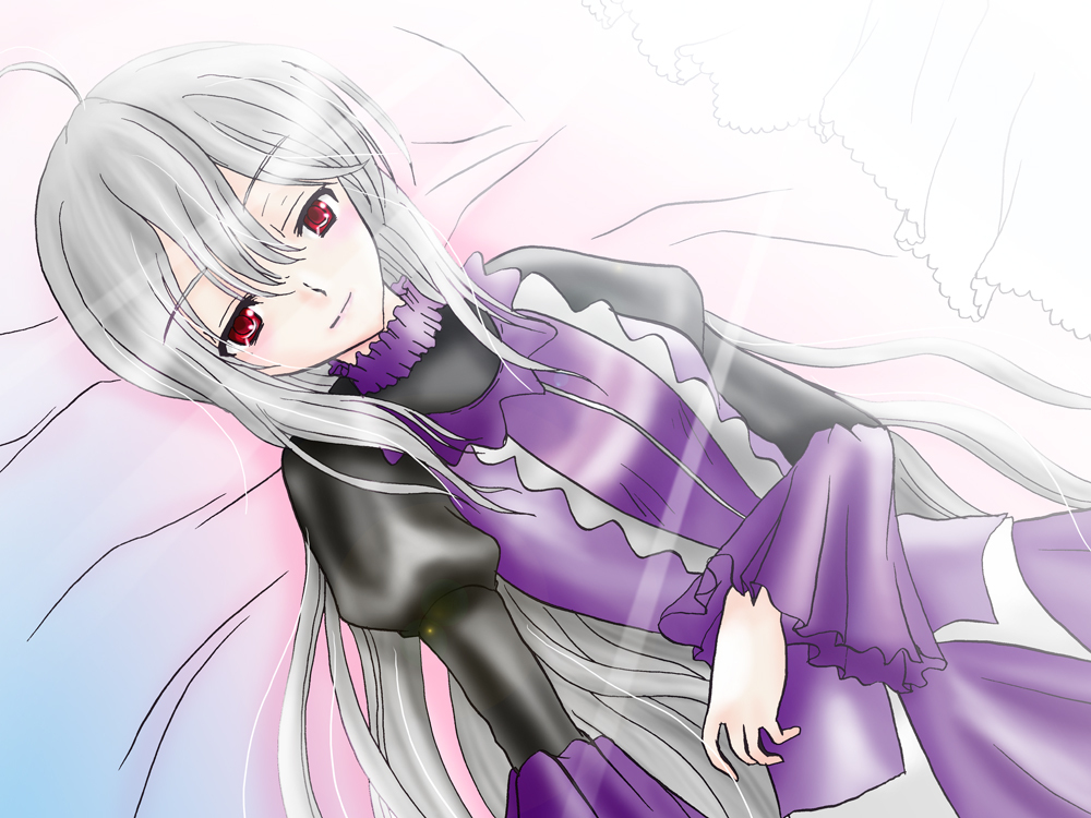 yowane haku, vocaloid, 1girl, ahoge, albino, artistic error, female focus, frills, lolita fashion, red eyes, smile, solo, white hair