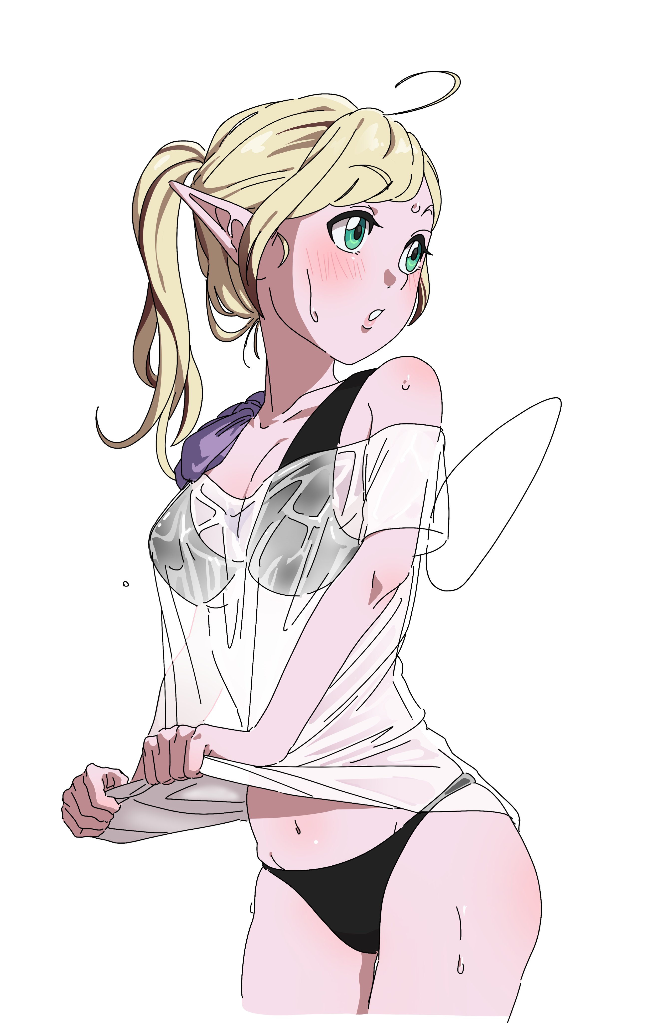 elf (dq10), dragon quest, dragon quest x, absurdres, commentary, highres, symbol-only commentary, 1girl, ahoge, aqua eyes, bikini, black bikini, blonde hair, bow, breasts, cleavage, clothes pull, colored skin, cowboy shot, fairy wings, hip bones, large breasts, looking to the side, nanamono 0414, navel, pink skin, pointy ears, ponytail, purple bow, see-through clothes, see-through shirt, shirt, shirt pull, skindentation, solo, swimsuit, wet, wet clothes, wet shirt, white background, white shirt, wings