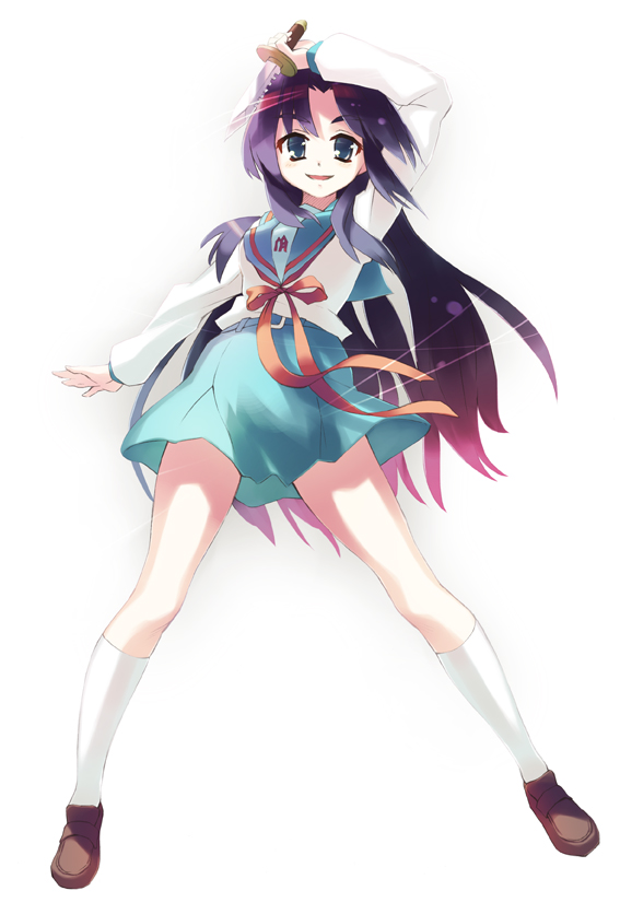 oryo (oryo04), asakura ryoko, suzumiya haruhi no yuuutsu, bad id, bad pixiv id, 00s, brown shoes, full body, kneehighs, knife, legs, shoes, simple background, socks, solo, white background, white socks