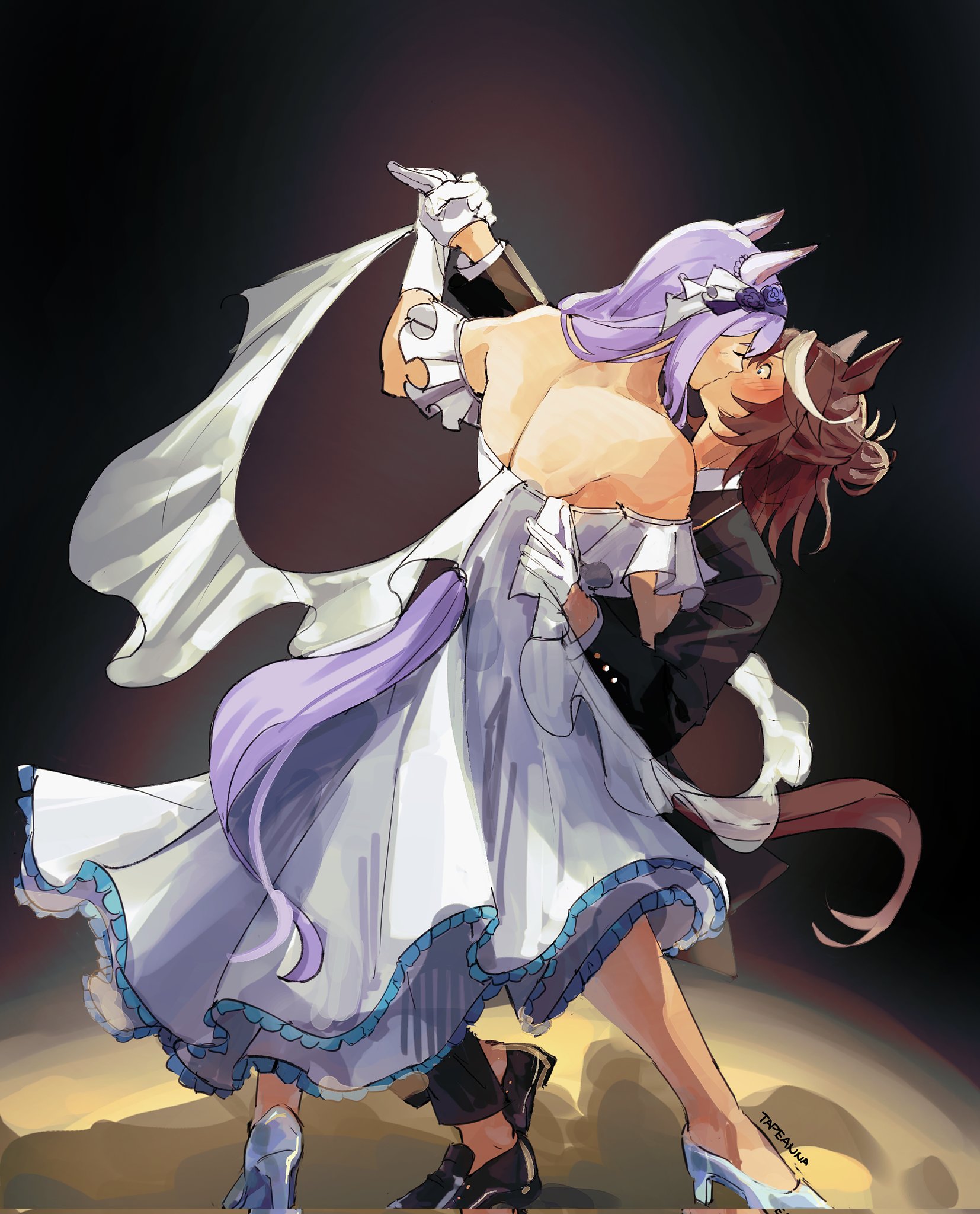 tapeanna, mejiro mcqueen (umamusume), tokai teio (umamusume), umamusume, commentary, english commentary, highres, 2girls, animal ears, ballroom dancing, ballroom gown, bare shoulders, black jacket, black pants, black suit, blush, brown hair, closed eyes, dancing, dress, ear flower, flower, formal clothes, gloves, gown, hair between eyes, hair bun, hair flower, hair ornament, high heels, horse ears, horse girl, horse tail, jacket, kiss, long hair, long sleeves, multicolored hair, multiple girls, off-shoulder dress, off shoulder, pants, purple hair, shirt, shoes, streaked hair, suit, suit jacket, tail, two-tone hair, white dress, white gloves, white hair, white shirt, yuri