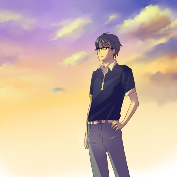 hidaka subaru, robotics;notes, science adventure, 1boy, black hair, casual, cloud, day, glasses, male focus, natsuda10, outdoors, pants, polo shirt, shirt, short hair, sky, solo, standing, sunset