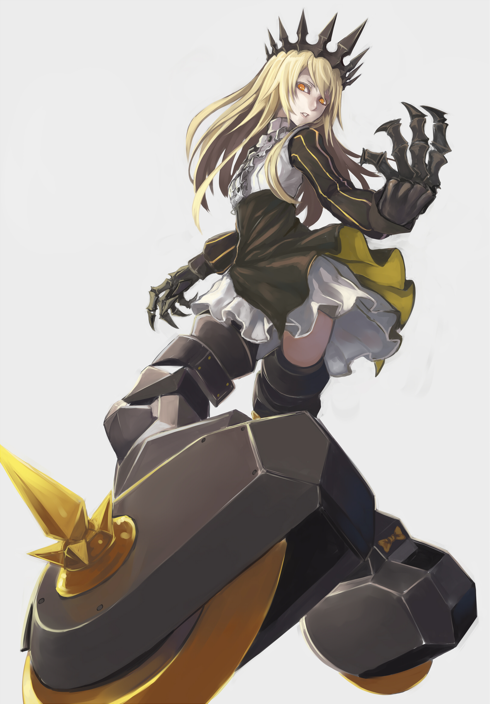 jikeshi, chariot (black rock shooter), black rock shooter, highres, 1girl, black crown, black dress, blonde hair, crown, dress, long hair, mechanical legs, orange eyes, skeletal hand, solo, wheel, wheeled leg(s), white background