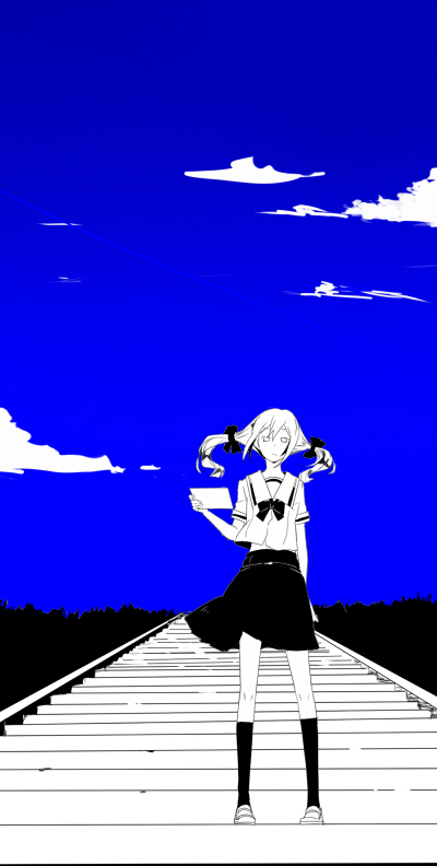 koujiro frau, robotics;notes, science adventure, 1girl, blue theme, chuo tanegashima high school uniform, cloud, cloudy sky, full body, kneehighs, loafers, long hair, looking at viewer, monochrome, natsuda10, outdoors, pleated skirt, school uniform, serafuku, shirt, shoes, short sleeves, skirt, sky, socks, solo, standing