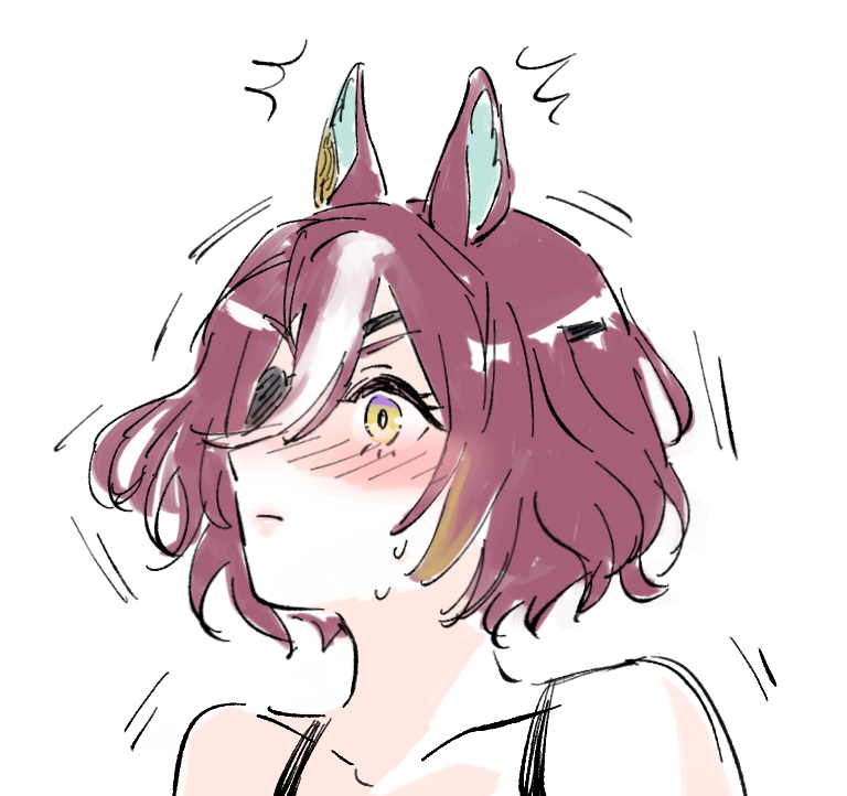 yuzuki v, tanino gimlet (umamusume), umamusume, 1girl, ^^^, animal ears, bare shoulders, blush, blush stickers, brown hair, closed mouth, collarbone, eyepatch, hair over one eye, horse ears, motion lines, multicolored hair, nose blush, portrait, short hair, simple background, solo, sweat, two-tone hair, white background, white hair, yellow eyes