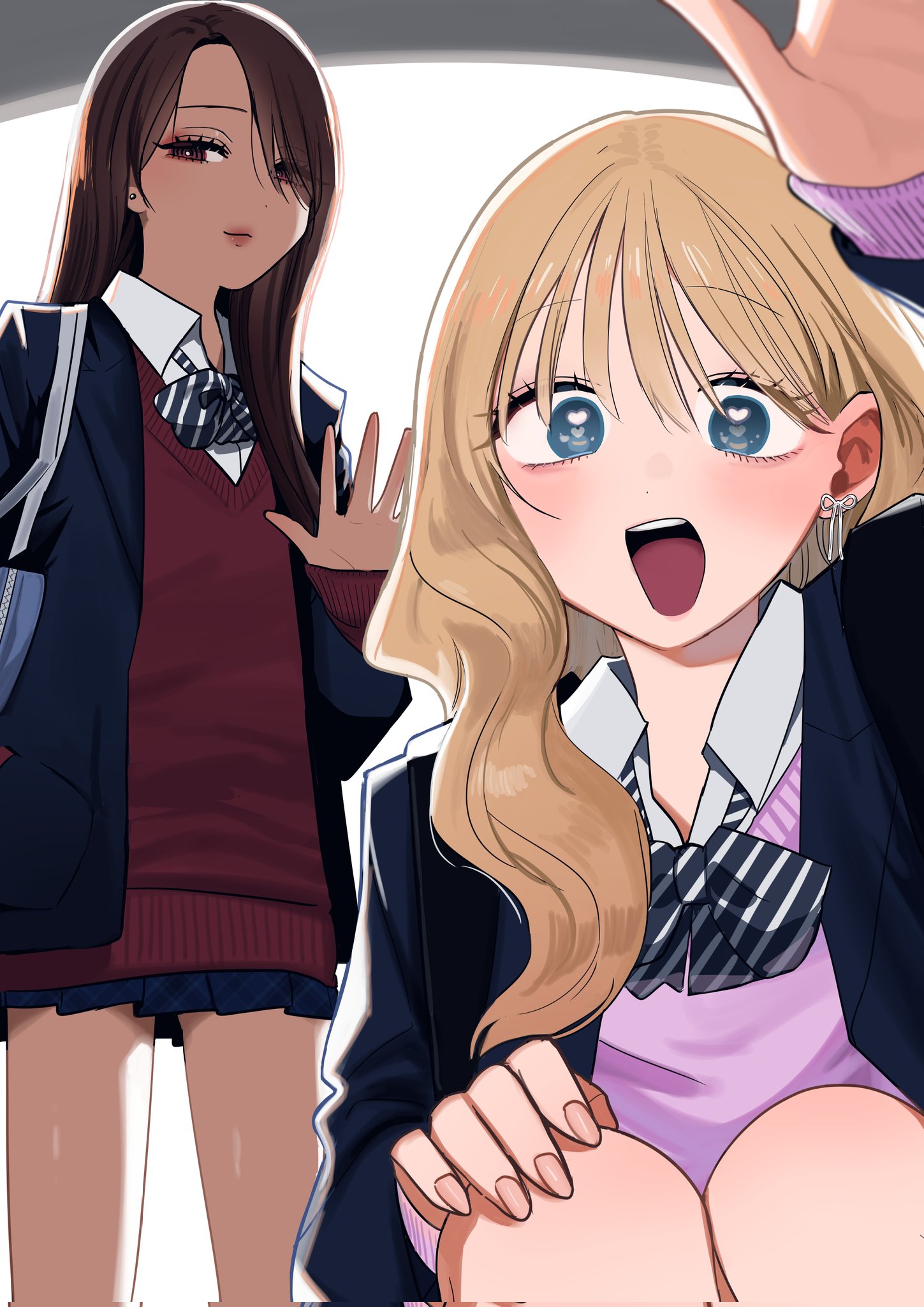 inoue koharu, original, commentary request, highres, 2girls, black jacket, blazer, blonde hair, blue eyes, blue sweater, brown hair, closed mouth, collared shirt, dark-skinned female, dark skin, earrings, jacket, jewelry, long hair, looking at viewer, multiple girls, red eyes, red nails, shirt, simple background, smile, sweater, taooka yua, watase reina, white background, white shirt