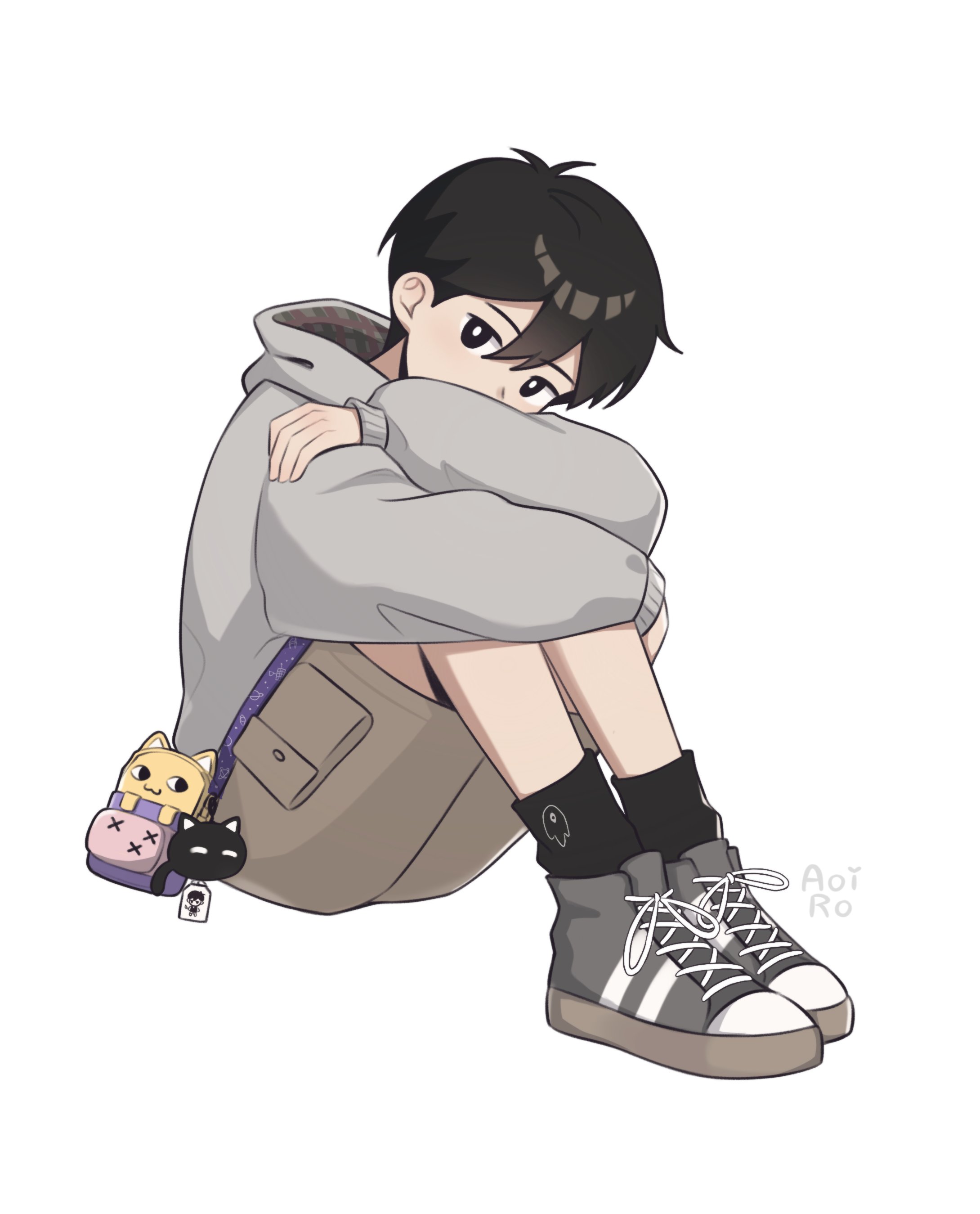 aoiro arts, big yellow cat (omori), mewo, omori (omori), something (omori), sunny (omori), omori, absurdres, highres, 1boy, alternate costume, antenna hair, artist name, bag charm, black socks, bright pupils, brown shorts, character charm, charm (object), double-parted bangs, full body, grey hoodie, grey shoes, hood, hood down, hoodie, knees up, long sleeves, looking at viewer, male focus, shoes, short hair, shorts, simple background, sitting, sneakers, socks, solo, white background, white pupils