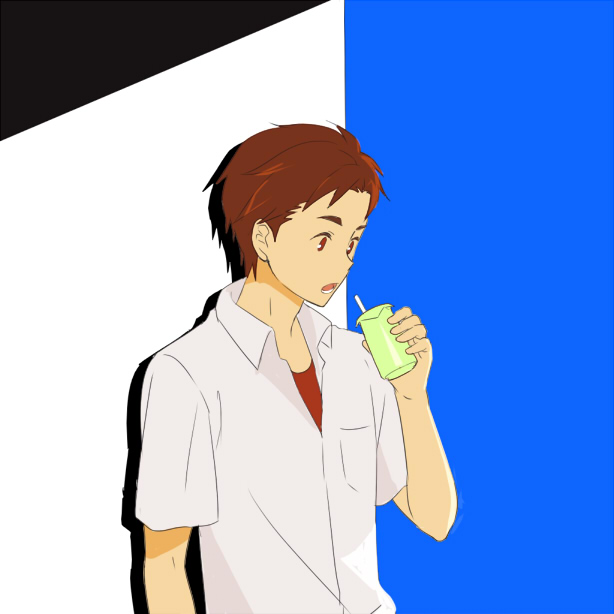 yashio kaito, robotics;notes, science adventure, 1boy, chuo tanegashima high school uniform, drinking, food, holding, holding food, male focus, natsuda10, red hair, school uniform, shirt, short hair, simple background, solo, upper body, white shirt