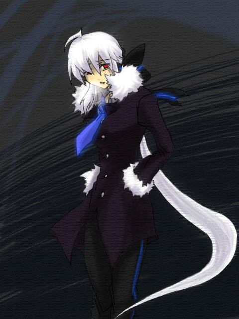 jin (mugenjin), yowane haku, vocaloid, 1girl, ahoge, breath, female focus, hand in pocket, jacket, long hair, necktie, ponytail, red eyes, solo, white hair