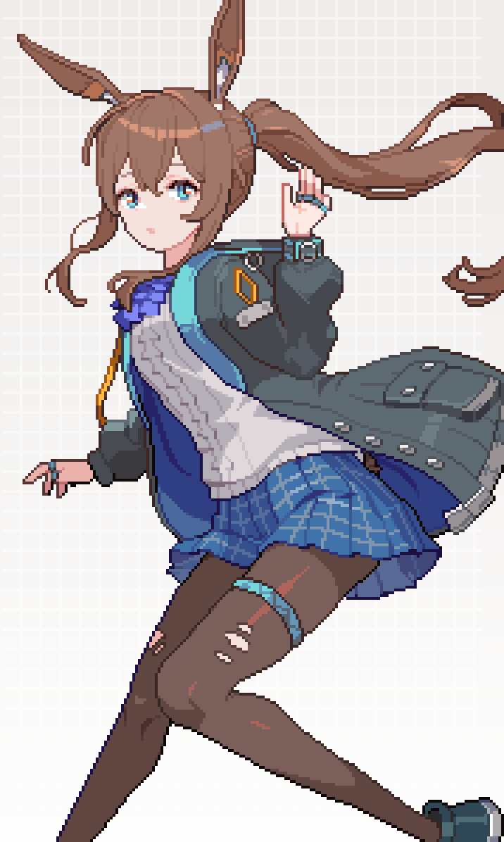 gamepix, amiya (arknights), arknights, commentary, symbol-only commentary, 1girl, animal ears, ascot, black jacket, blue eyes, blue skirt, brown hair, brown pantyhose, feet out of frame, grey background, grid, grid background, hair between eyes, hair tie, hand up, jacket, jewelry, knees together feet apart, long hair, long sleeves, looking at viewer, miniskirt, multiple rings, open clothes, open jacket, pantyhose, parted lips, pixel art, plaid clothes, plaid skirt, pleated skirt, ponytail, purple ascot, ring, skirt, solo, sweater, torn clothes, torn pantyhose, white sweater