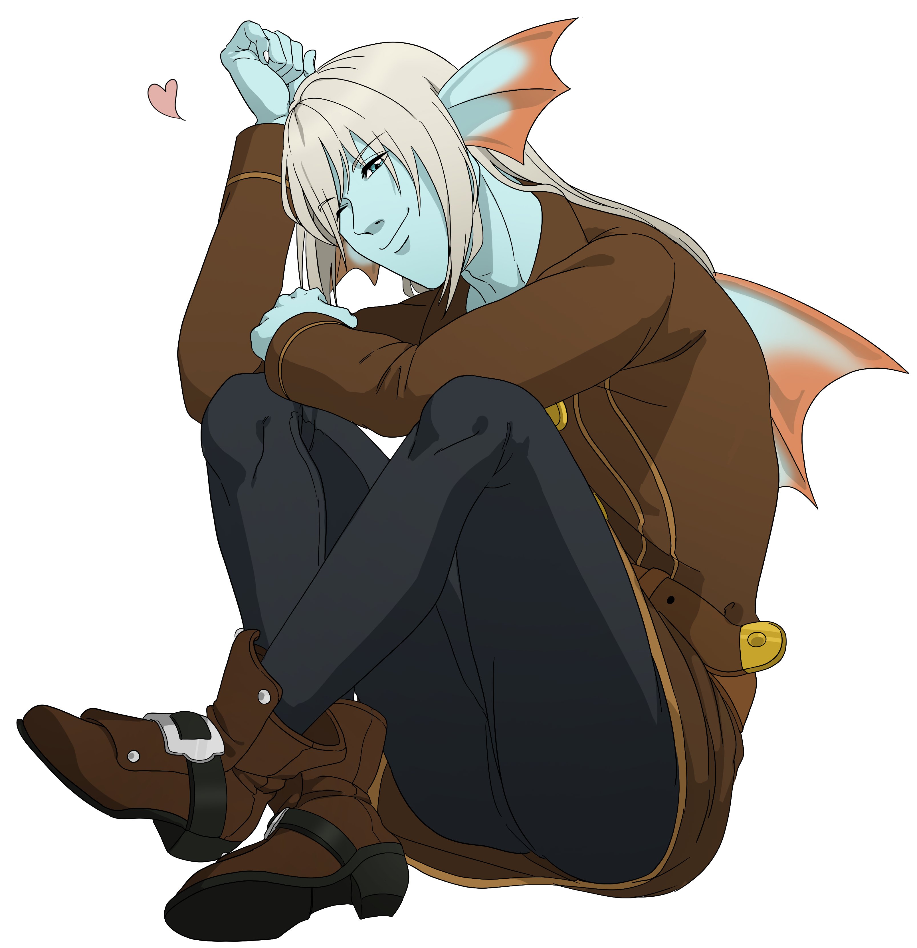 azbar (dragon quest), dragon quest, dragon quest x, absurdres, highres, 1boy, alternate form, aqua eyes, back fin, black pants, blonde hair, blue skin, brown shirt, brown shoes, colored skin, fins, fish boy, head fins, head tilt, heart, long hair, looking at viewer, male focus, monster boy, nanamono 0414, official alternate design, one eye closed, pants, shirt, shoes, sitting, smile, solo, white background