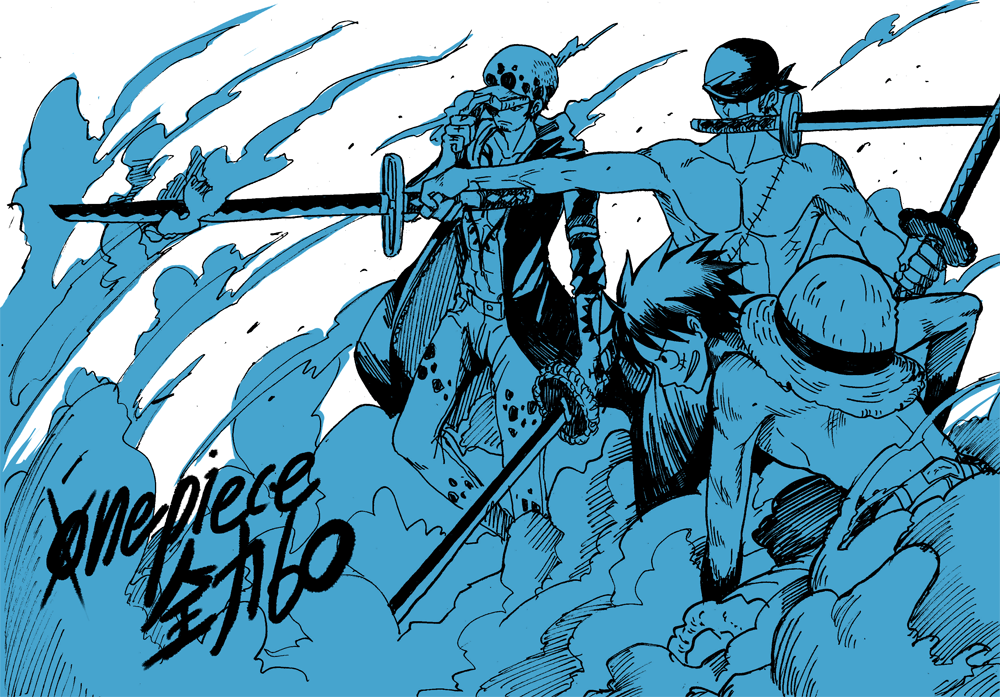 monkey d. luffy, roronoa zoro, trafalgar law, one piece, commentary, 3boys, abs, bandana, chest tattoo, coat, denim, hand tattoo, hat, holding, holding sword, holding weapon, holyball, jeans, male focus, monochrome, multiple boys, pants, profile, scar, scar on face, smile, smoke, stitched torso, stitches, straw hat, sword, sword in mouth, tattoo, topless male, weapon