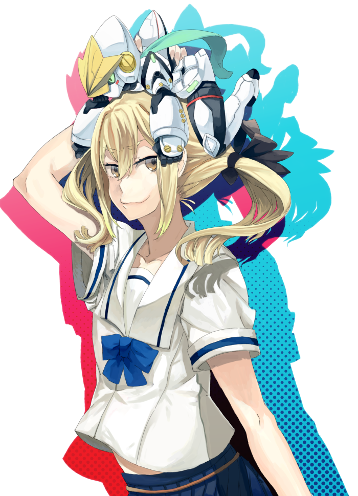 fujino sato, gunvarrel, koujiro frau, kidou battle gunvarrel, robotics;notes, science adventure, 1girl, arms up, blonde hair, blue skirt, chuo tanegashima high school uniform, clothes lift, cropped shirt, gloves, hair between eyes, long hair, looking at viewer, mecha, midriff peek, pleated skirt, robot, school uniform, shirt, shirt lift, short sleeves, simple background, skirt, smile, smug, solo, toy, twintails, upper body, white shirt