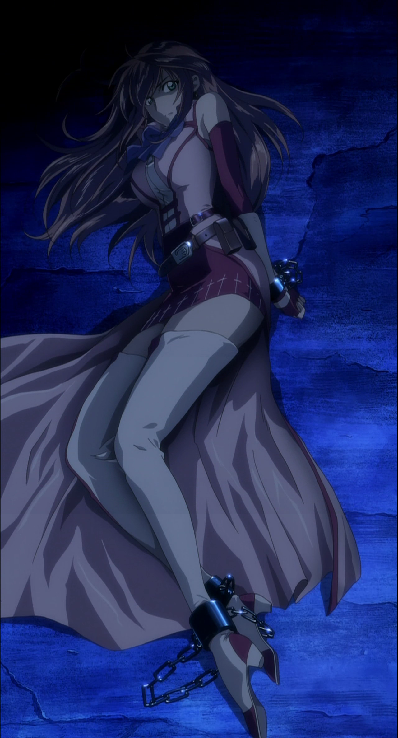 morte ashera, world destruction, anime screenshot, highres, stitched, third-party edit, 00s, 1girl, ankle cuffs, arms behind back, bdsm, bondage, bound, bound ankles, bound wrists, cuffs, female focus, restrained, shackled, shackles, socks, solo, thighhighs, zettai ryouiki