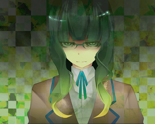 xm o n ox, takanashi yomi, black rock shooter, lowres, 1girl, glasses, gradient hair, green eyes, green hair, medium hair, multicolored hair, school uniform, solo, upper body