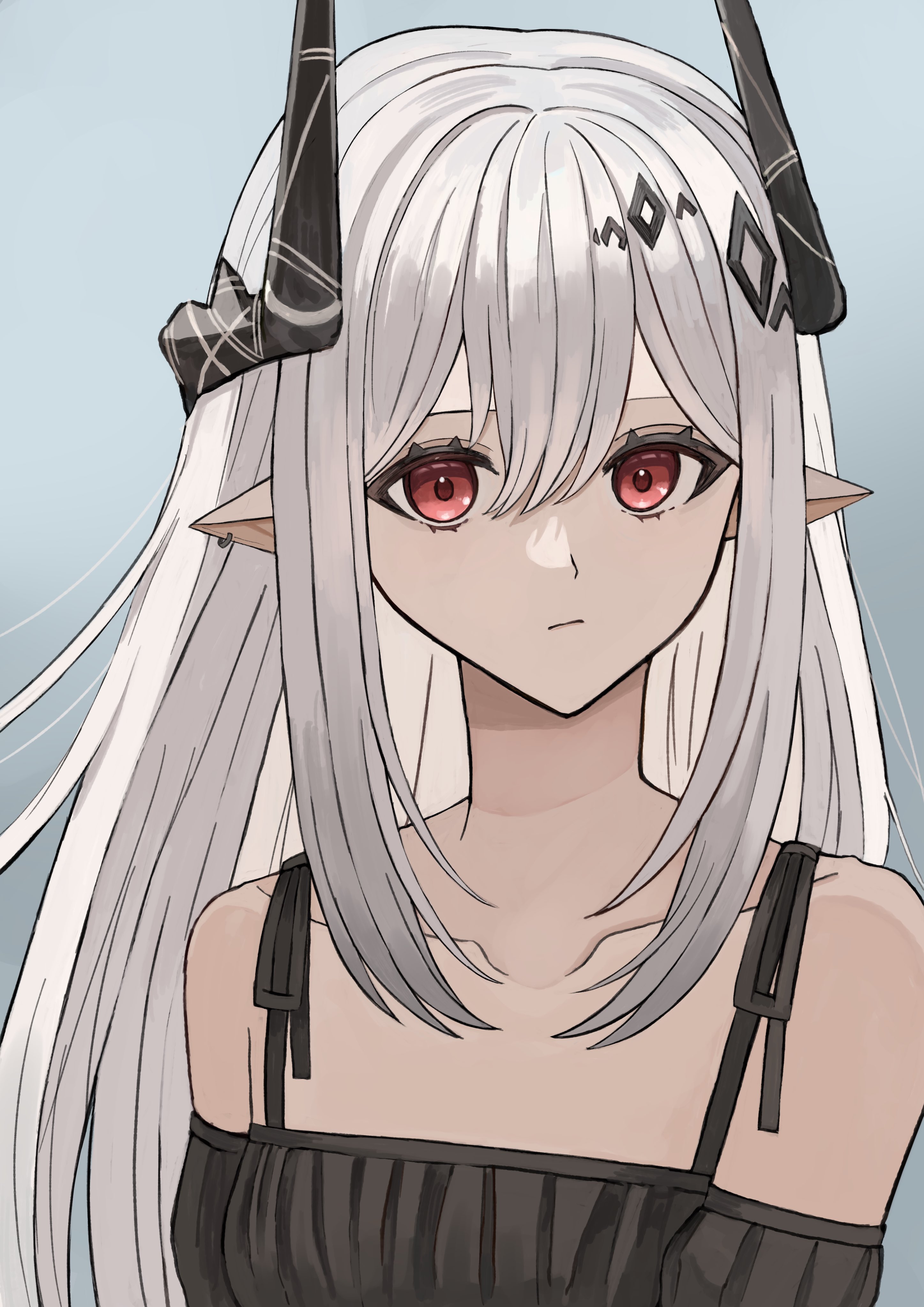 udo (akn otk), mudrock (arknights), arknights, absurdres, commentary, highres, 1girl, bare shoulders, black horns, black shirt, closed mouth, collarbone, ear piercing, expressionless, grey background, hair between eyes, horns, long hair, looking at viewer, off shoulder, piercing, pointy ears, portrait, red eyes, shirt, solo, white hair