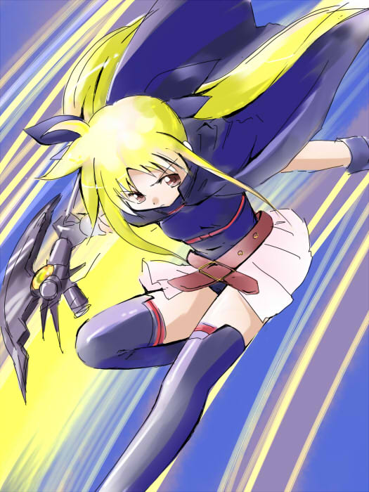 jason (kaiten kussaku kikou), bardiche (axe form) (nanoha), bardiche (nanoha), fate testarossa, fate testarossa (movie 1st form), lyrical nanoha, mahou shoujo lyrical nanoha, mahou shoujo lyrical nanoha movie, mahou shoujo lyrical nanoha the movie 1st, 10s, 1girl, blonde hair, female focus, solo, thighhighs, zettai ryouiki