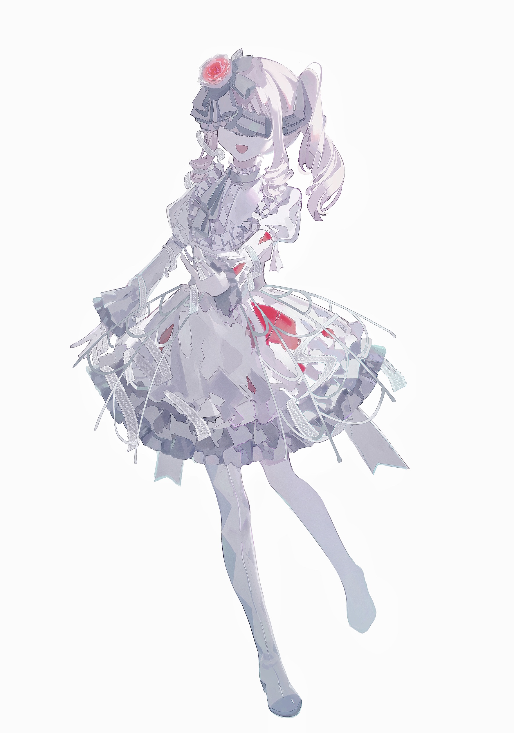 phlic, akiyama mizuki, project sekai, absurdres, commentary, english commentary, highres, 1other, :d, backlighting, blindfold, boots, bow, covered eyes, dress, drill hair, drill sidelocks, flower, frilled dress, frilled sleeves, frills, full body, gloves, grey bow, grey ribbon, hair bow, hair flower, hair ornament, high heel boots, high heels, jewelry, juliet sleeves, keikyoku no machi wa doko e (project sekai), long sleeves, medium dress, medium hair, neck ribbon, official alternate costume, open mouth, other focus, pale skin, pink hair, puffy sleeves, red flower, red rose, ribbon, ring, rose, side drill, side ponytail, sidelocks, simple background, smile, solo, standing, standing on one leg, thigh boots, white background, white boots, white dress, white gloves
