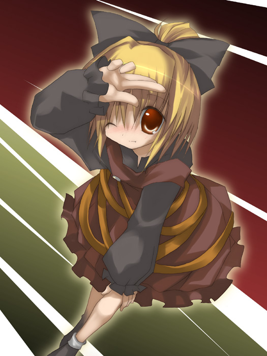 izumi yukiru, kurodani yamame, touhou, 1girl, blonde hair, blush, female focus, one eye closed, ribbon, short hair, solo, wink