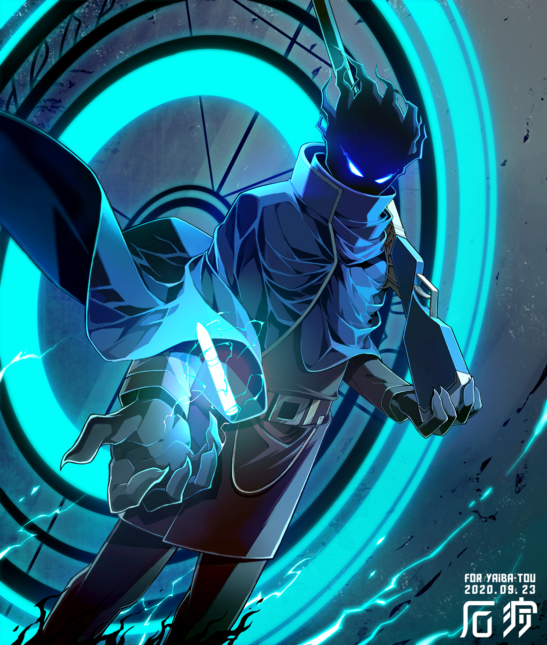der freischuetz (project moon), lobotomy corporation, project moon, commentary request, highres, 1boy, belt, belt buckle, black fire, black skin, black tunic, blue cloak, buckle, bullet, claws, cloak, colored skin, curled fingers, dated, energy, feet out of frame, fire, flaming eyes, flaming head, floating cape, glowing, glowing eyes, glowing object, grey background, gun, high collar, holding, holding gun, holding weapon, long sleeves, male focus, object floating above hand, over shoulder, rifle, sigil, signature, solo, standing, tundra 14, tunic, weapon, weapon over shoulder