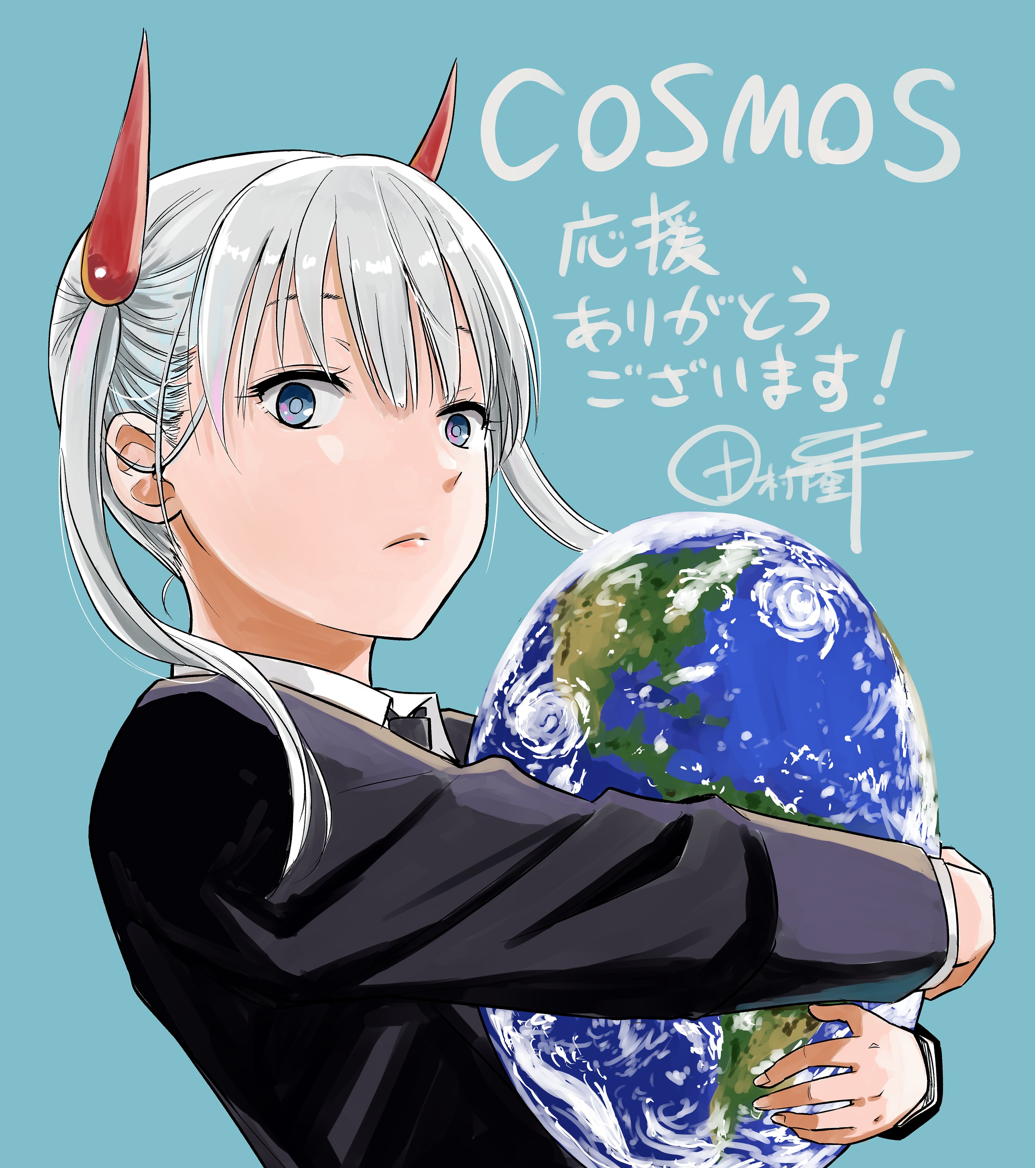 tamura ryuuhei, homura rin (cosmos), cosmos (tamura ryuuhei), absurdres, commentary request, highres, translation request, 1girl, aqua background, black jacket, black necktie, blue eyes, closed mouth, collared shirt, copyright name, earth (planet), grey hair, horns, hugging object, jacket, long sleeves, looking at viewer, necktie, planet, red horns, shirt, signature, simple background, solo, suit jacket, twintails, upper body, white shirt