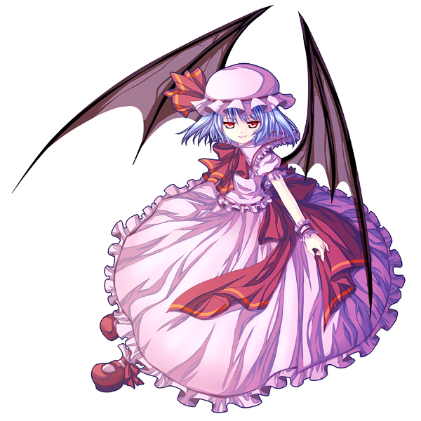 mikazuki sara, remilia scarlet, touhou, bad id, bad pixiv id, 1girl, blue hair, female focus, full body, hat, red eyes, ribbon, short hair, simple background, skirt, solo, white background, wings