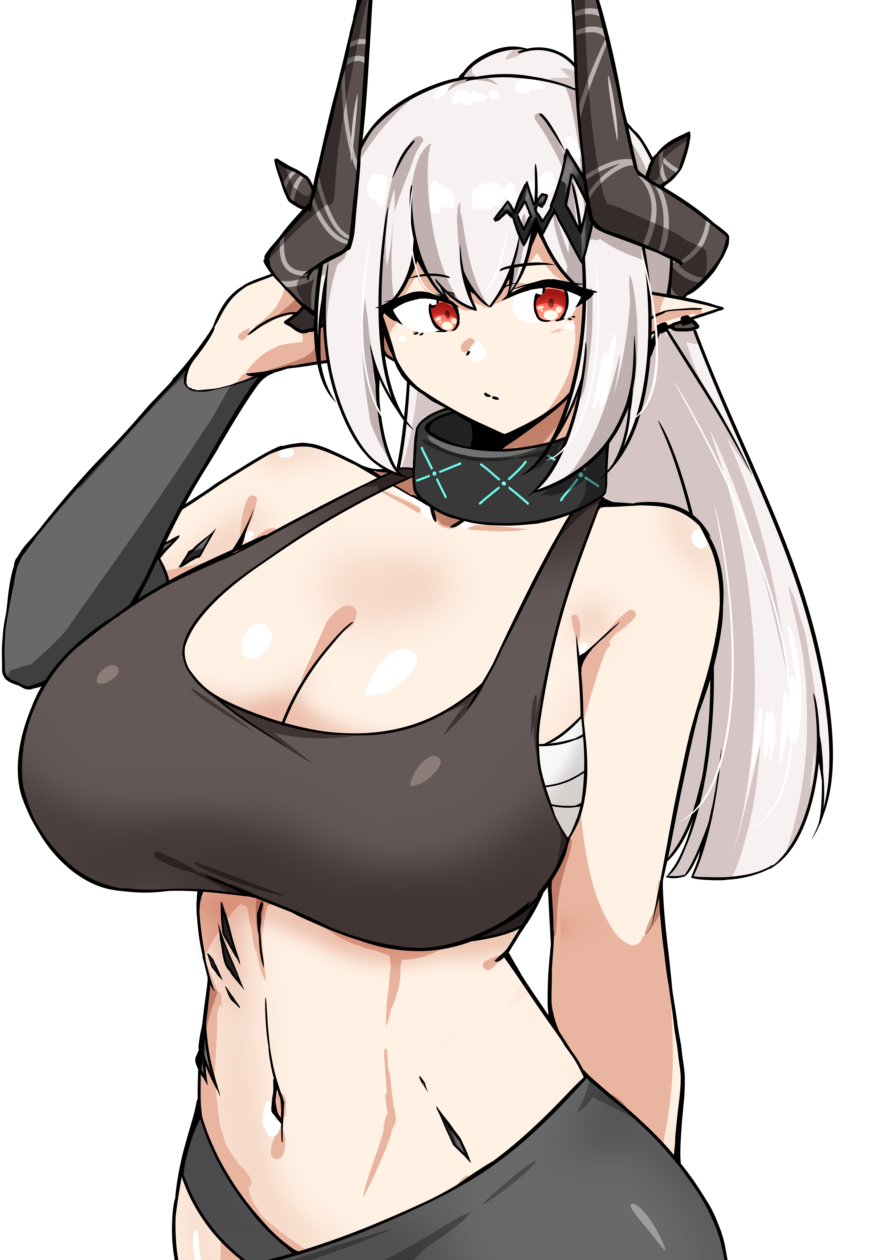xibu cai, infection monitor (arknights), mudrock (arknights), arknights, absurdres, commentary request, highres, 1girl, arm warmers, bare shoulders, black arm warmers, black horns, breasts, chest sarashi, cleavage, closed mouth, collarbone, ear piercing, grey hair, hand in own hair, hand up, horns, huge breasts, linea alba, long hair, material growth, navel, oripathy lesion (arknights), piercing, pointy ears, red eyes, sarashi, simple background, single arm warmer, solo, stomach, white background